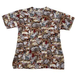 Pearl Healthwear Cat Print Scrub Top Medium Cotton Pearl Snap Made In USA